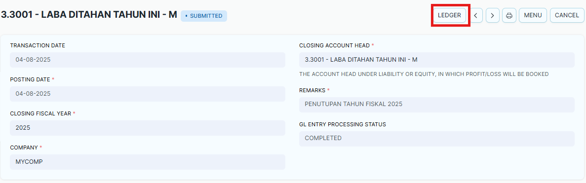 period closing completed to ledger